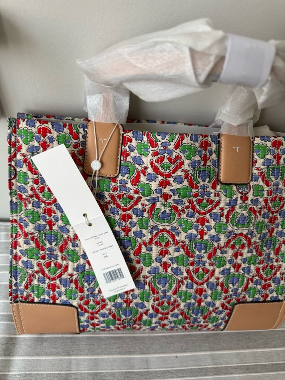 Tory Burch Multicolor Floral Mosaic Tote with Tan Trim